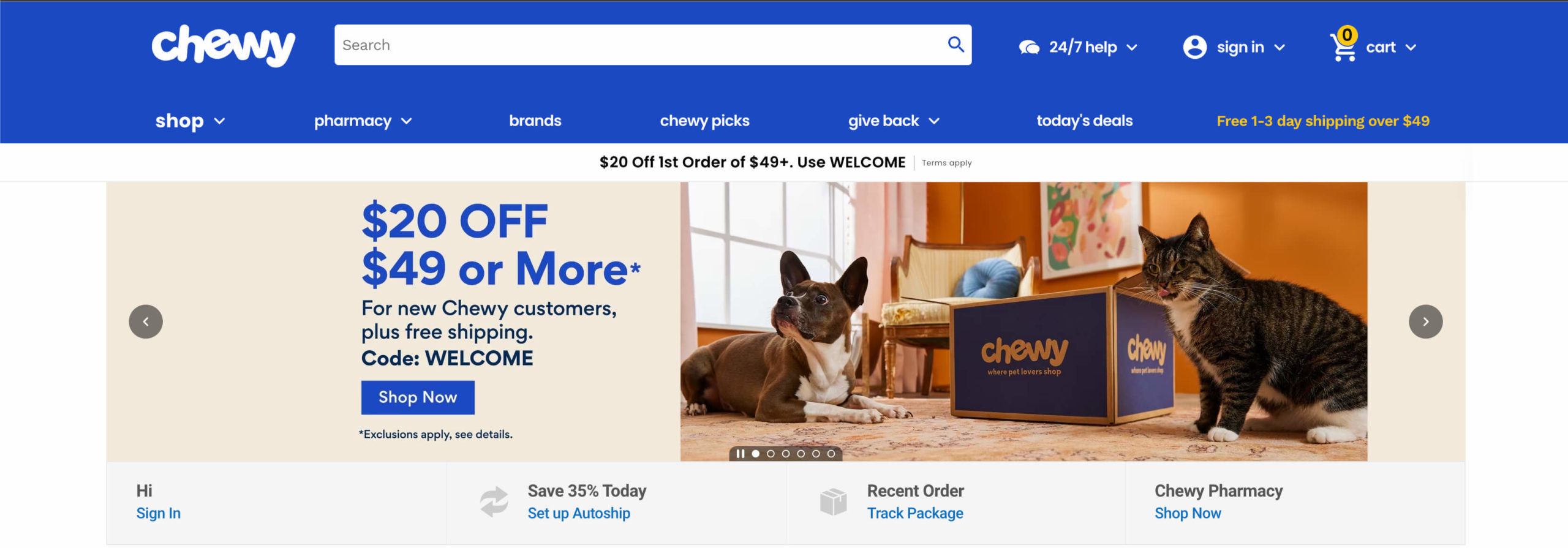 Chewy.com homepage with a slider